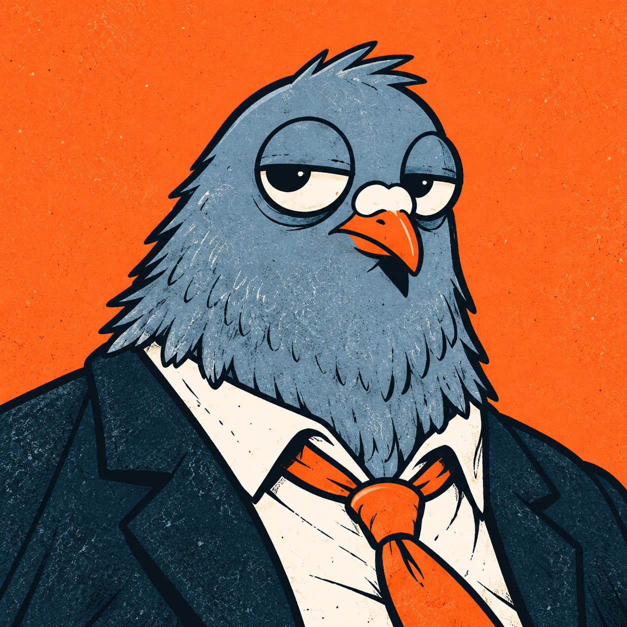 The ODDLOT pigeon, wearing a big suit and orange tie.